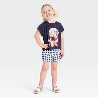 Grayson Mini Toddler Girls' 2pc 4th of July Puppy Flag T-Shirt & Shorts Set - Blue 3T