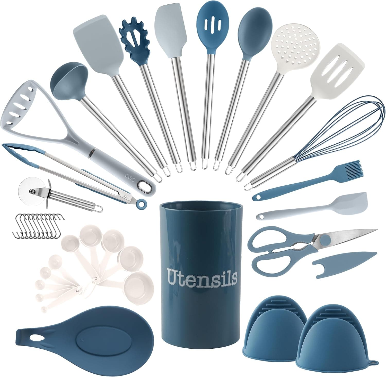 38-Piece Silicone Cooking Utensil Set in Blue and White
