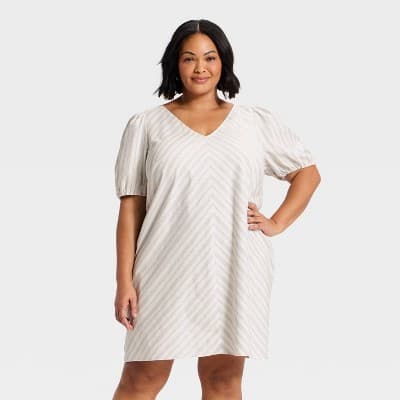 Women's Puff Sleeve Mini A-Line Dress - A New Day™ Cream Striped 4X