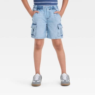 Boys' 'At the Knee' Pull-On Cargo Denim Shorts - Cat & Jack™ Light Wash L: Cotton, Midweight, Relaxed Fit, Elastic Waistband