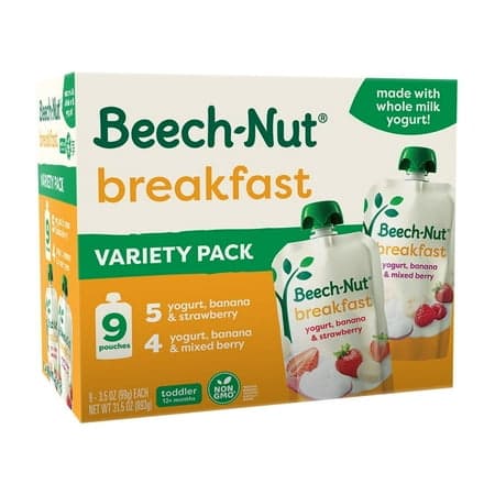 Beech-Nut Fruit & Yogurt Baby Food Pouches, Breakfast Variety Pack, 3.5 oz Pouch (9 Pack)