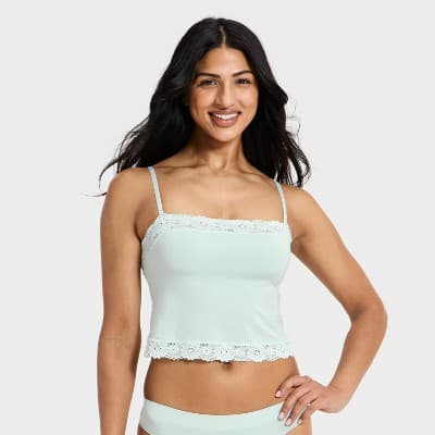 Women's Cloud Knit Cami Bra Top with Lace Trim - Auden™ Light Teal Green S