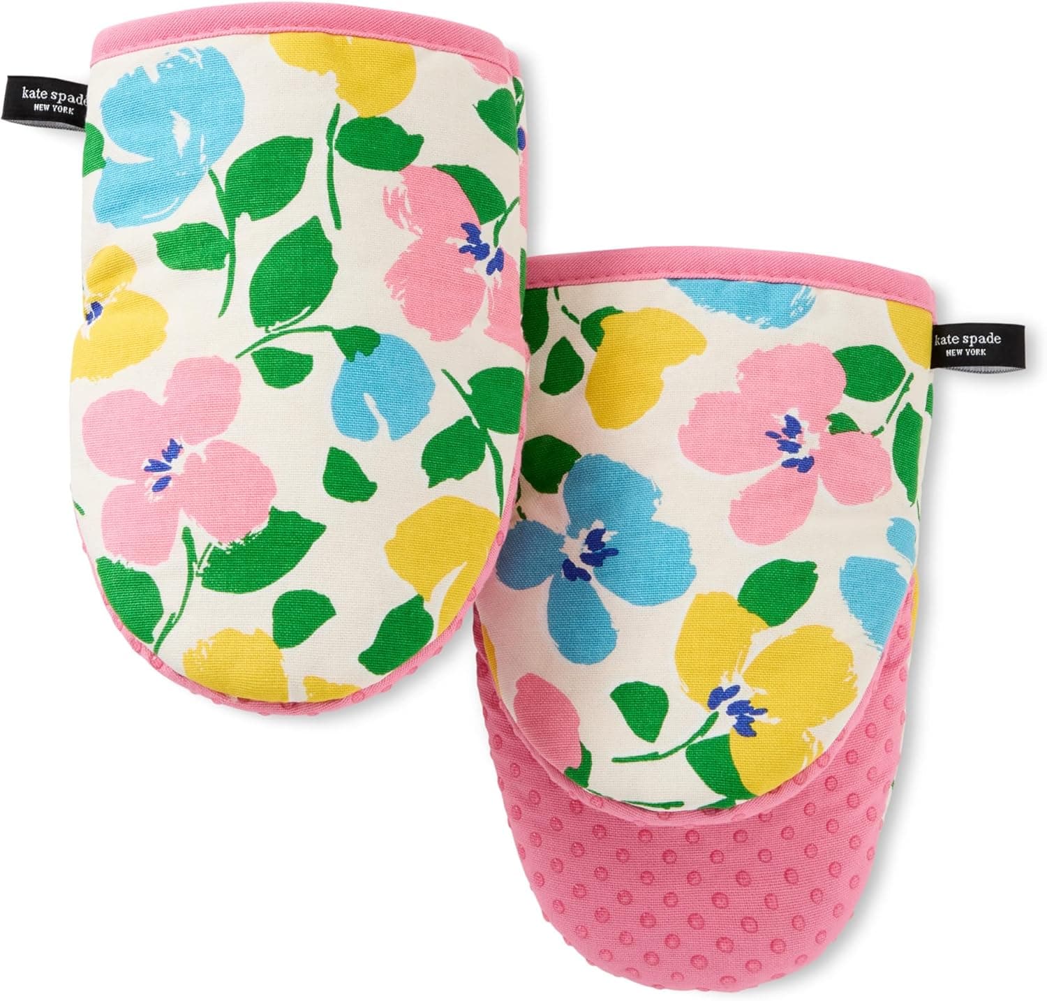 Kate Spade New York Painterly Bouquet Mini Oven Mitt 2-Pack Set, Heat Resistant, 100% Cotton with Printed Non-Slip Silicone Grip, Pink/Green/Blue, 5.5"X8"