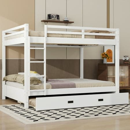 EUROCO Queen over Queen Size Bunk Bed with Trundle for Kids Teens Adults, White