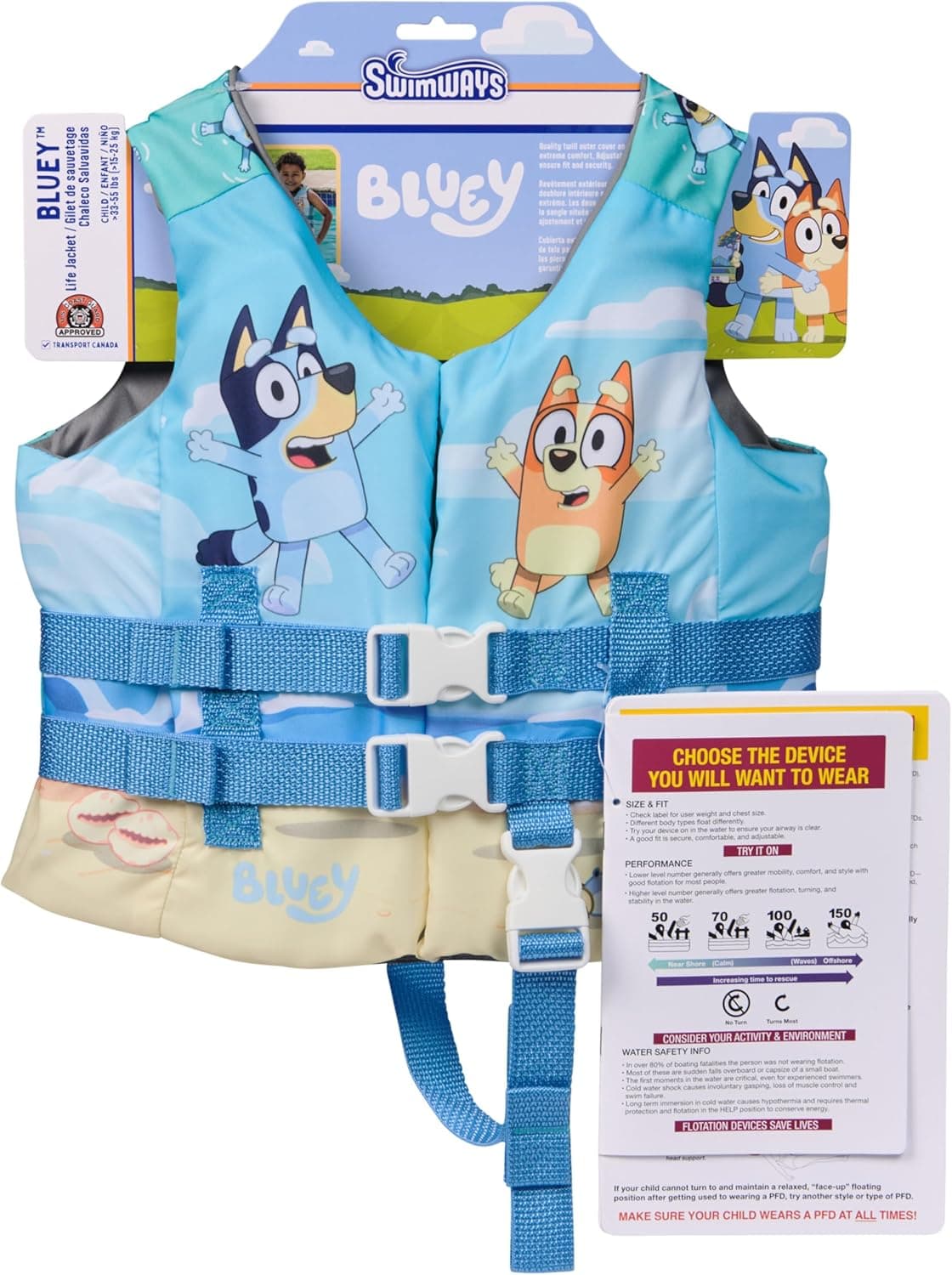 SwimWays Bluey Life Jacket, US Coast Guard Approved Kids Swim Vest, 33-55 lbs, Bluey