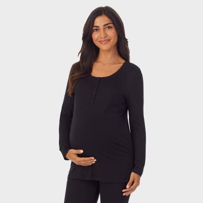 Warm Essentials by Cuddl Duds Smooth Stretch Thermal Maternity Henley Top - Black XL