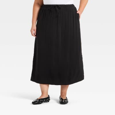 Women's Modern Gauze Drawstring Midi Skirt - A New Day™ Black 1X