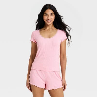 Women's Pointelle Short Sleeve Shirt and Shorts Pajama Set - Auden™ Light Pink XXL