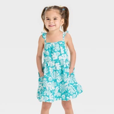 Toddler Girls' Palm Printed Tank Dress - Cat & Jack™ Turquoise Blue 12M