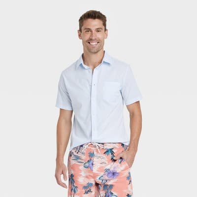 Men's Short Sleeve Poplin Button-Down Shirt - Goodfellow & Co™ Airy Blue XXL: Slim Fit, Front Pocket