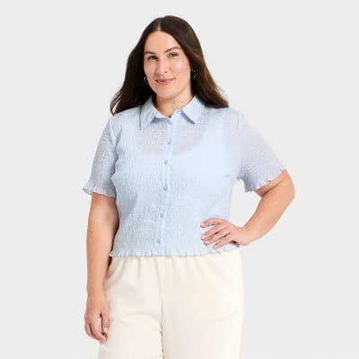 Women's Seersucker Smocked Shirt - A New Day™ Blue 1X