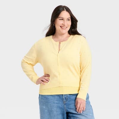 Women's Pointelle Button-Down Cardigan - A New Day™ Yellow 3X