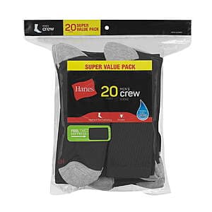 Hanes Men's Lightweight Comfort Crew Socks - 20 Pairs for $9.25