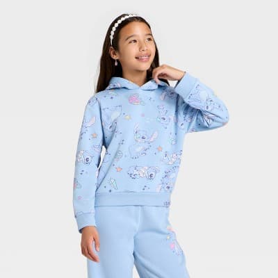 Girls' Disney Stitch Hooded Fleece Sweatshirt - Aqua Blue XS