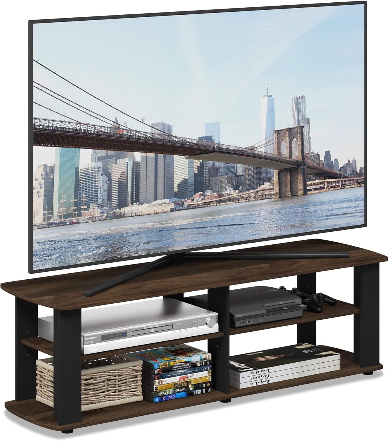 Furinno Nelly TV Stand, 3-Tier Entertainment Center with Open Shelves Storage, TV Console for TV up to 50 Inch, Soft Edges, for Living Room, Bedroom, Columbia Walnut