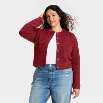 Women's Lace Stitch Cardigan Sweater - Universal Thread™ Maroon XXL