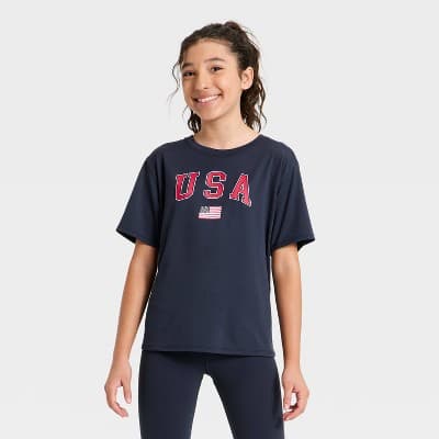 Girls' Fourth of July 'USA' Graphic Active T-Shirt - All In Motion™ Navy Blue M