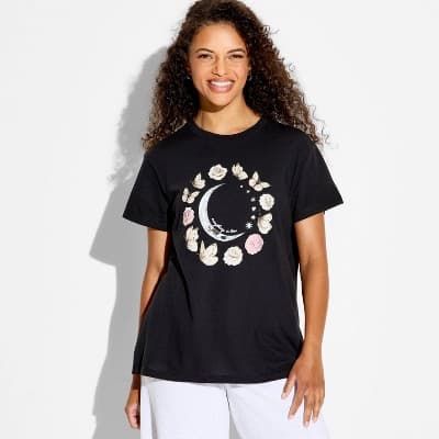 Women's Floral Butterfly Moon Phase Short Sleeve Graphic T-Shirt - Black L