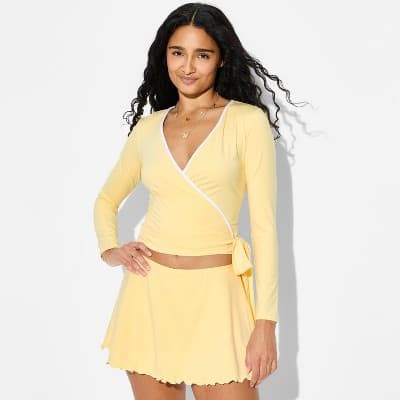 Women's ButterBliss Long Sleeve Deep V-Neck Wrap Top - Wild Fable™ Light Yellow M