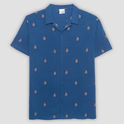 Men's Sailboats Short Sleeve Camp Collar Shirt - Blue L