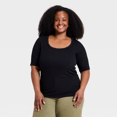 Women's Raglan Elbow Sleeve Lace Trim Scoop Neck Top - Ava & Viv™ Black 1X