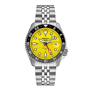 Seiko 5 Sports Automatic GMT Watch: Stainless Steel & Yellow Dial