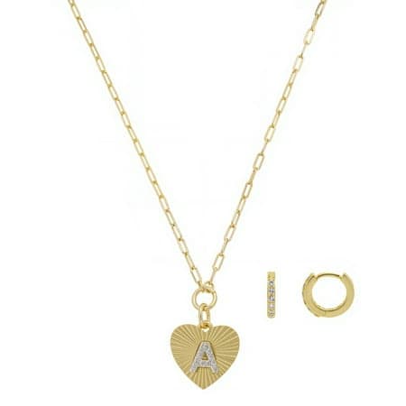 Believe by Brilliance Women's 14Kt Gold Flash Plated Cubic Zirconia Initial A Heart Pendant Necklace and Hoop Earring Set, 18+2"