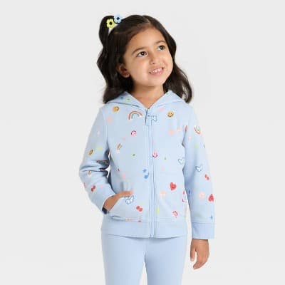 Toddler Girls' Zip-Up Fleece Hoodie - Cat & Jack™ Light Blue 12M