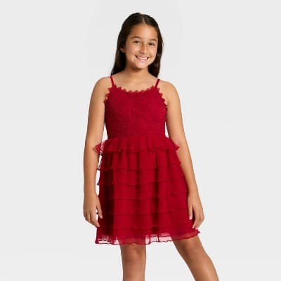 Girls' Tiered Lace Dress - Cat & Jack™ Dark Red XS