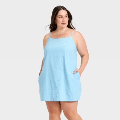 Women's Button-Front Linen Mini Dress - A New Day™ Light Blue XXL