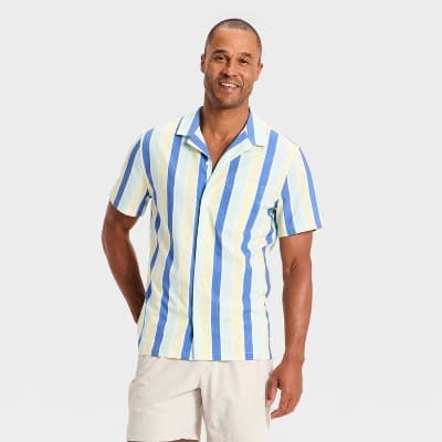 Men's Seersucker Button-Down Shirt - All In Motion™ Blue Vertical Striped M