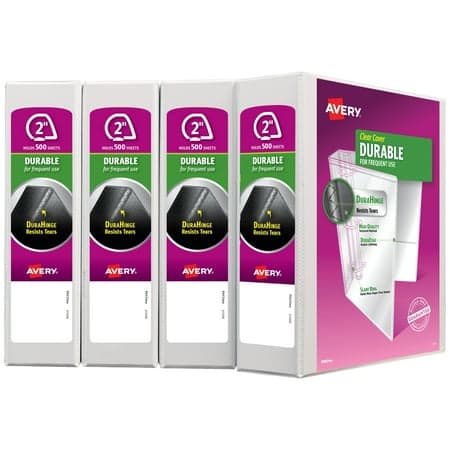 Avery Durable View 3 Ring Binders, 2" Slant Rings, 4 White Binders