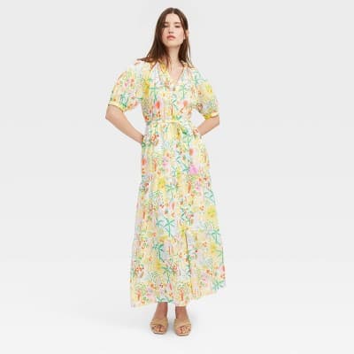 Women's Vacation Short Sleeve Maxi Dress Yellow/Green - Roller Rabbit x Target L
