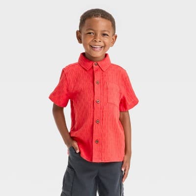 Toddler Boys' Checkered Jacquard Shirt - Cat & Jack™ Red/Orange 12M