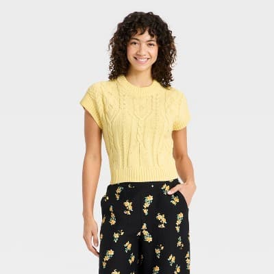 Women's Short Sleeve Crewneck Cable Pullover Sweater - A New Day™ Yellow XL