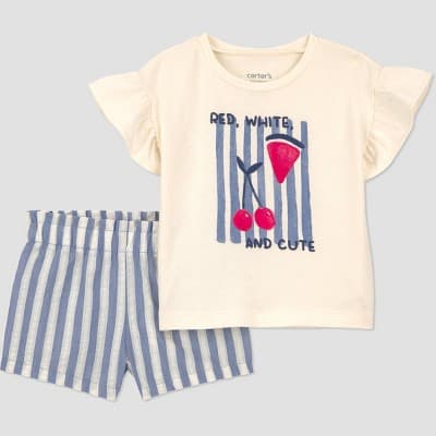 Carter's Just One You® Baby Girls' 2pc Striped Fruit Graphic 4th of July T-Shirt and Shorts Set - Blue/Ivory/Red 18M