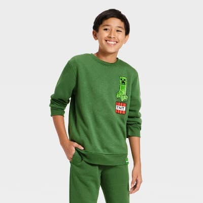 Boys' Minecraft Creeper Printed Crewneck Graphic Fleece Sweatshirt - Forest Green S