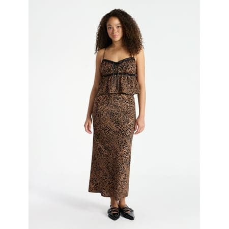 No Boundaries Satin Trim Cami and Maxi Skirt Set, 2-Piece, Women’s