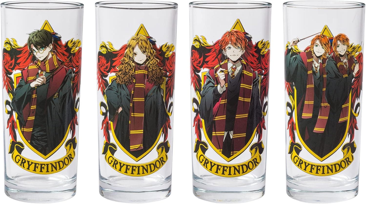 Silver Buffalo Harry Potter Gryffindor Squad Featuring Hermione Granger, Ron Weasley, and Fred and George Anime Style 4 Pack Tumbler Glass Set, 10 Ounces