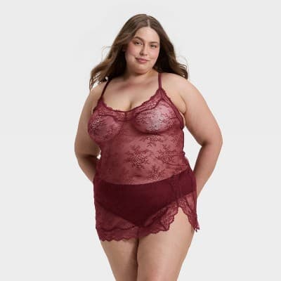 Women's Allover Lace Lingerie Slip Dress - Auden™ Berry Red 1X