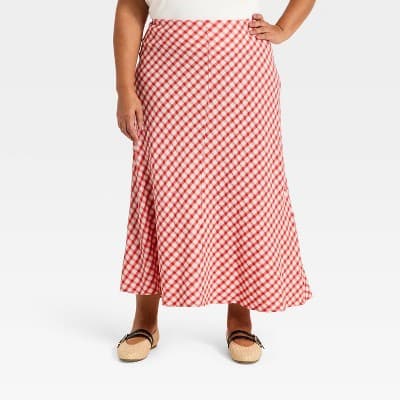 Women's Printed Midi Full Skirt - Universal Thread™ Red Gingham 1X