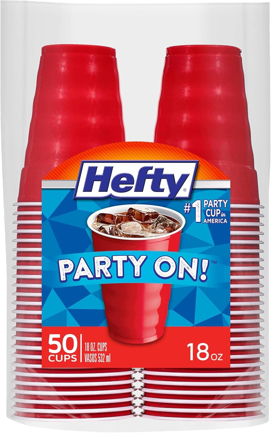 Hefty Party On Disposable Plastic Party Cups, 50 Count, 18 Oz Red Cups for Parties, Tailgates, Birthdays, Holidays, and More, Contoured Shape for Easy Gripping, Strong and Durable