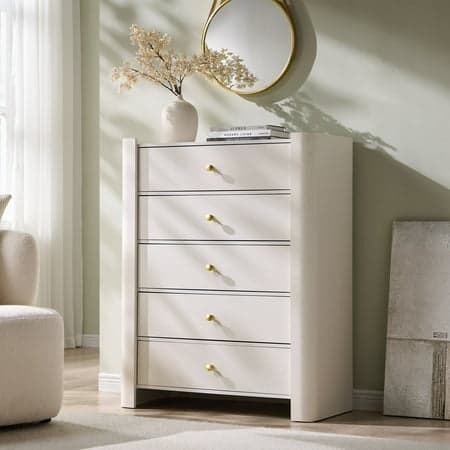 SinCiDo Modern 5 Drawer Dresser for Bedroom, 39.6" Tall Wooden Chest of Drawers with Curved Profile Design for Bedroom, Living Room, White