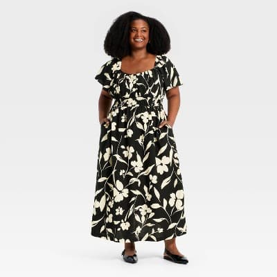 Women's Plus Flutter Short Sleeve Maxi Dress - Ava & Viv™ Black/Cream Floral 4X
