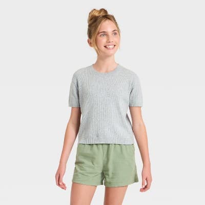 Girls' Short Sleeve Sweater - Cat & Jack™ Heather Gray M