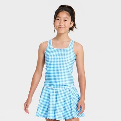 Girls' Active Scallop Crop Tank Top - All In Motion™ Blue Gingham XS