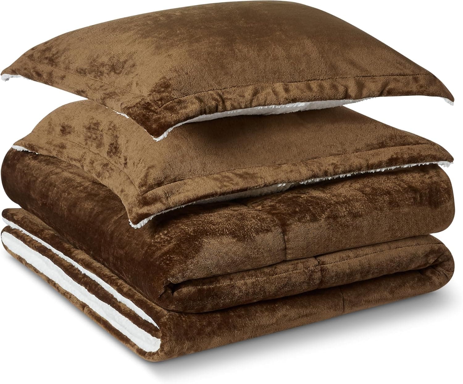 Amazon Basics Reversible Sherpa Comforter Set with Pillow Sham, Brown, Queen/Full