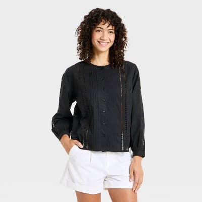 Women's Balloon Sleeve Lace Trim Blouse - A New Day™ Black L