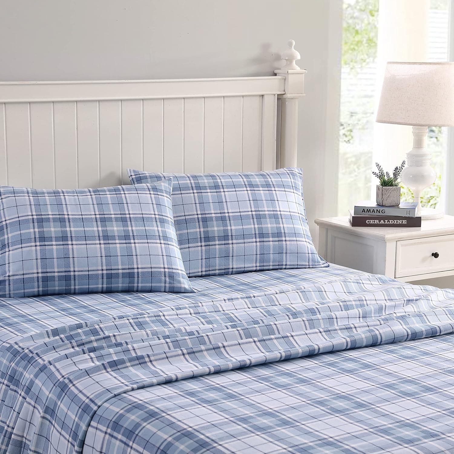 Laura Ashley - Flannel Sheets Twin Size, Anti-Pilling & Wrinkle Resistant Cotton, Touchably Soft for All-Season Comfort - Bed Sheets with Matching Pillowcase & Fitted Sheet (Muholland Plaid Blue)