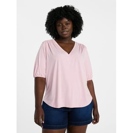Terra & Sky Women's Plus Size V Neck Tee with Elbow Sleeves, Sizes 0X-5X